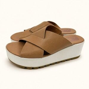 Sorel Cameron Flatform Slide Sandals Women 7 Tan Leather Criss Cross Platform